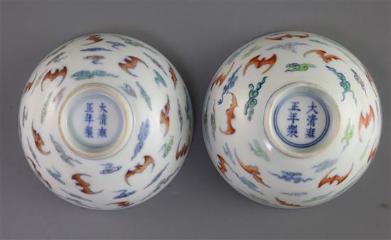 A pair of Chinese doucai bat bowls, Yongzheng mark, Republic period, D. 9.7cm, one bowl restored